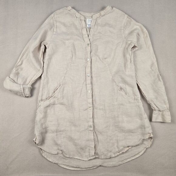 Sigrid Olsen Tops - Sigrid Olsen 100% Linen Women's Small Button Front Blouse Tunic Beige 2 Pockets